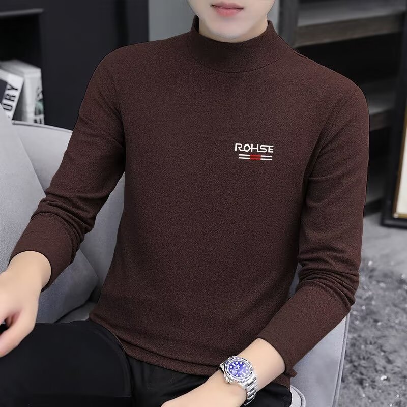 Origen fabricante camiseta de manga larga para hombre primavera y otoño nuevo estilo de hombre de terciopelo alemán cuello medio camisa de fondo color sólido delgado y versátil