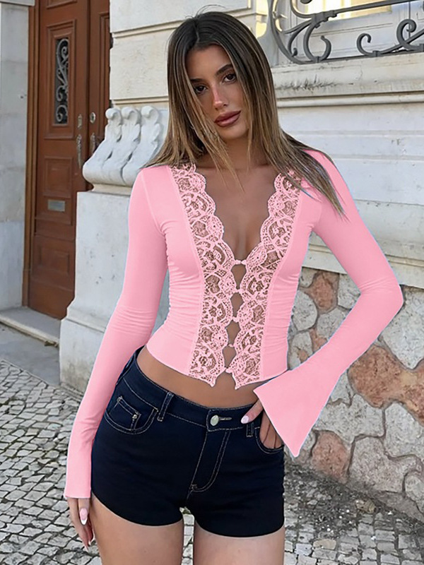 Comercio exterior otoño y invierno nuevo estilo de ropa de mujer europea y americana de moda de color sólido encaje sexy cardigan delgado camisa de manga larga mujer