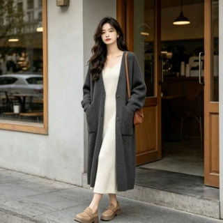 跨境热卖中长款粗针毛衣开衫外套女秋冬韩版慵懒宽松外搭针织外套