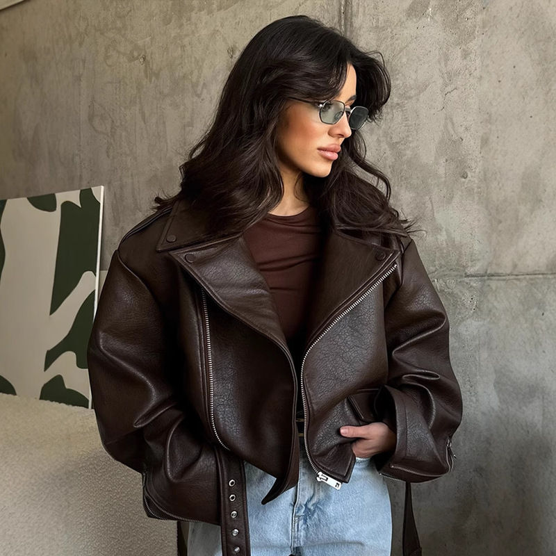 European and American Cross-Border Women's High-End Design New Style Lapel Short Lace-Up Trendy Ins Brown Leather Jacket