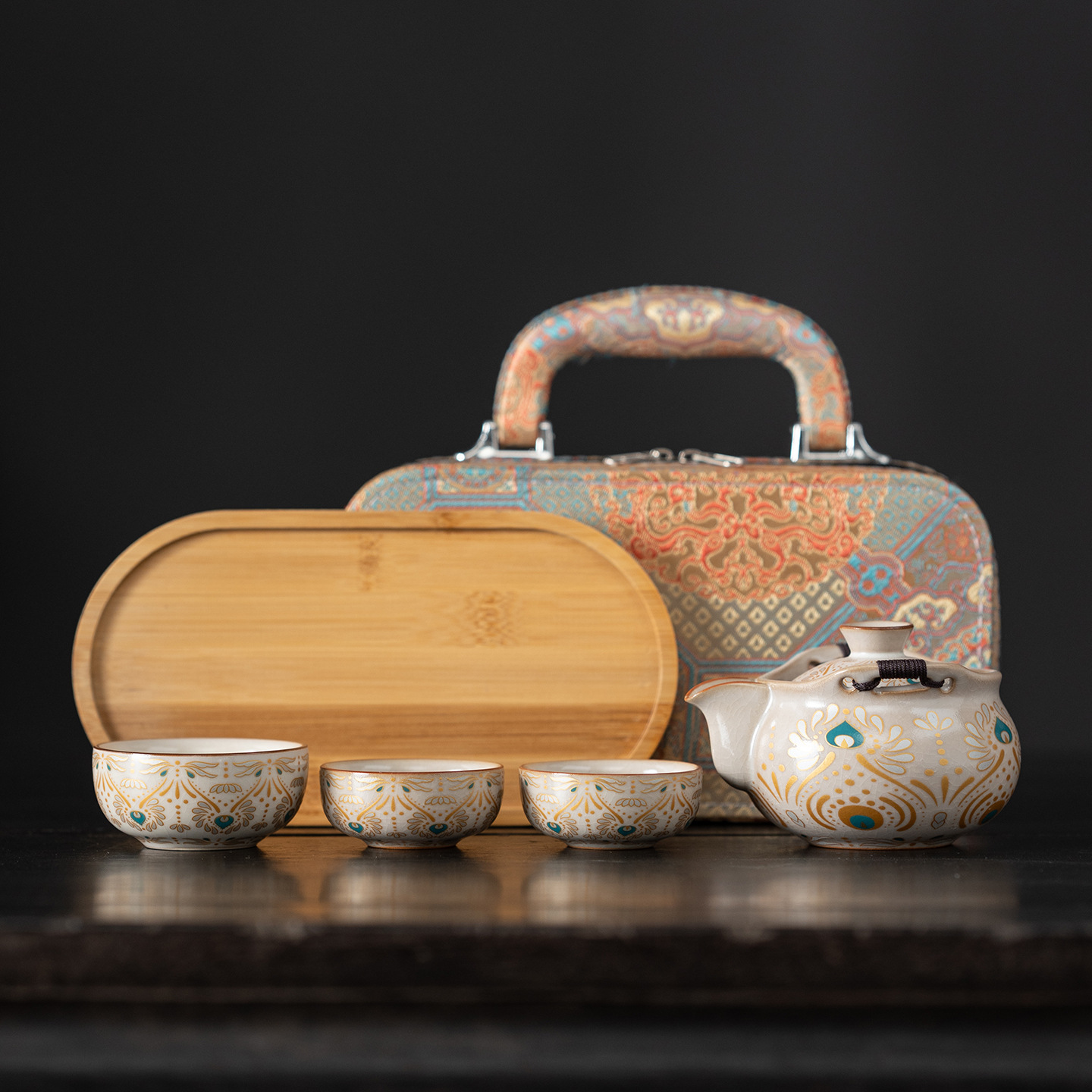 Dunhuang Gold and Silver Travel Tea Set, Forbidden City Ceramic Quick-Service Cup, One Pot Three Cups, Group Purchase, Practical Souvenir Gift