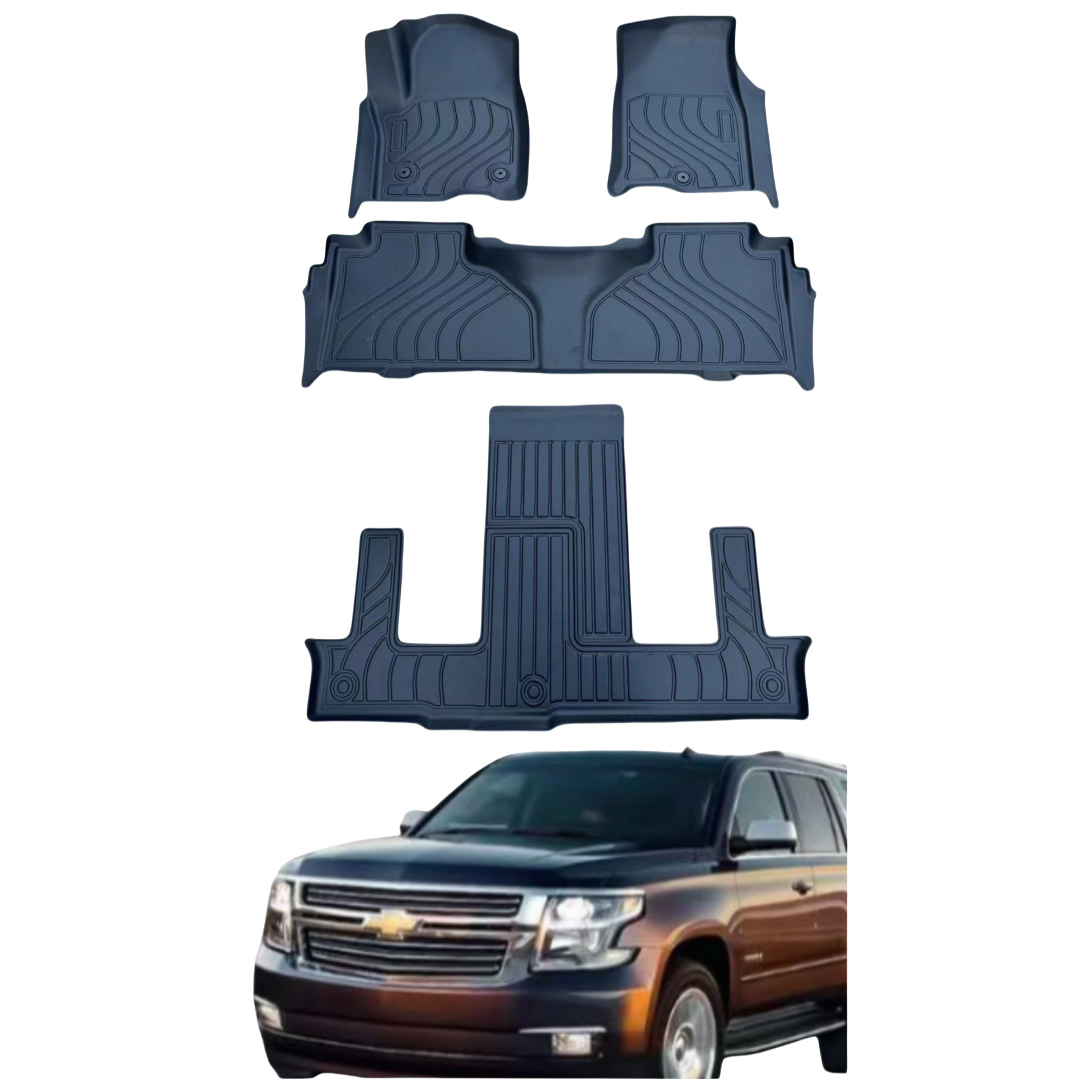 GMC Yukon qisqa g'ildirak bazasi/Chevrolet Taher 7 o'rindiqli (Tahoe) transport vositalari uchun mos keladigan maxsus tayyorlangan TPE avtomobil pol qoplamalari.
