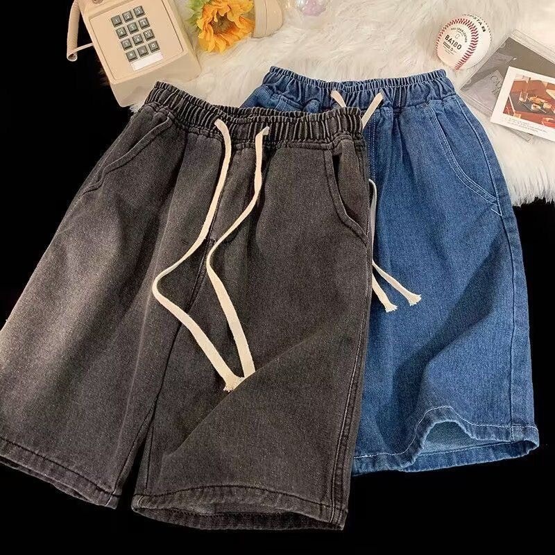 Large Size Loose Drawstring Elastic Denim Shorts for Men and Women, Summer Thin Style, Hong Kong Style Trendy Loose Wide-Leg Casual Pants