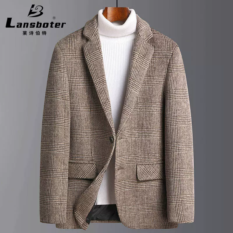 莱诗伯特秋冬西装男羊毛格子西服男士潮流小西装毛呢西服大码男装