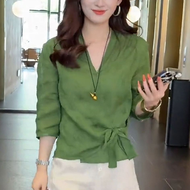 2026 Summer New Cotton and Linen Shirt, Slimming Top, Three-Quarter Sleeve Shirt, Fashionable Women's Clothing, Waist-Cinching Tie Blouse 2026 Summer New Cotton and Linen Shirt, Slimming Top, Three-Quarter Sleeve Shirt, Fashionable Women's Clothing, Waist-Cinching Tie Blouse