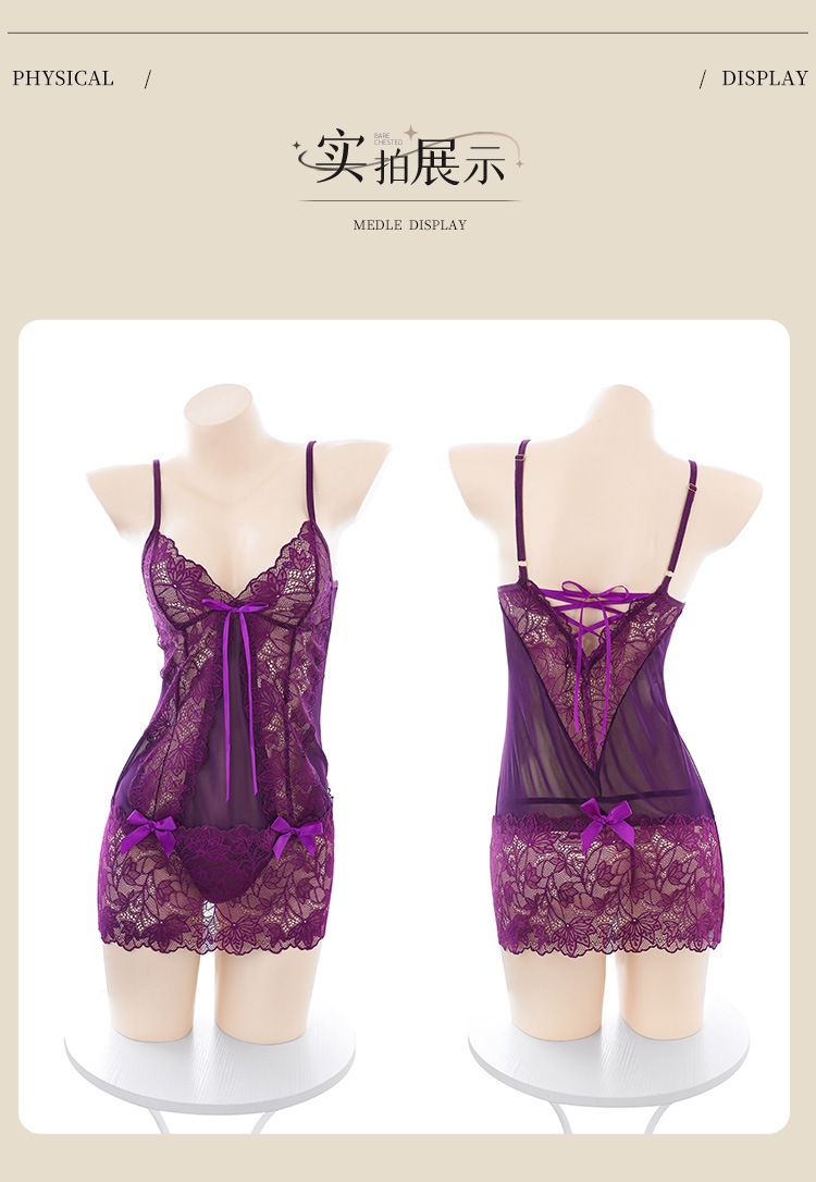 Feimu & Miji Deep V Bow Lace Hem Mesh See-Through Nightdress with Panty — detail image 25