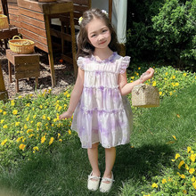 女小童紫色星空连衣裙夏季新款洋气中小童夏装无袖拼接渐变裙子