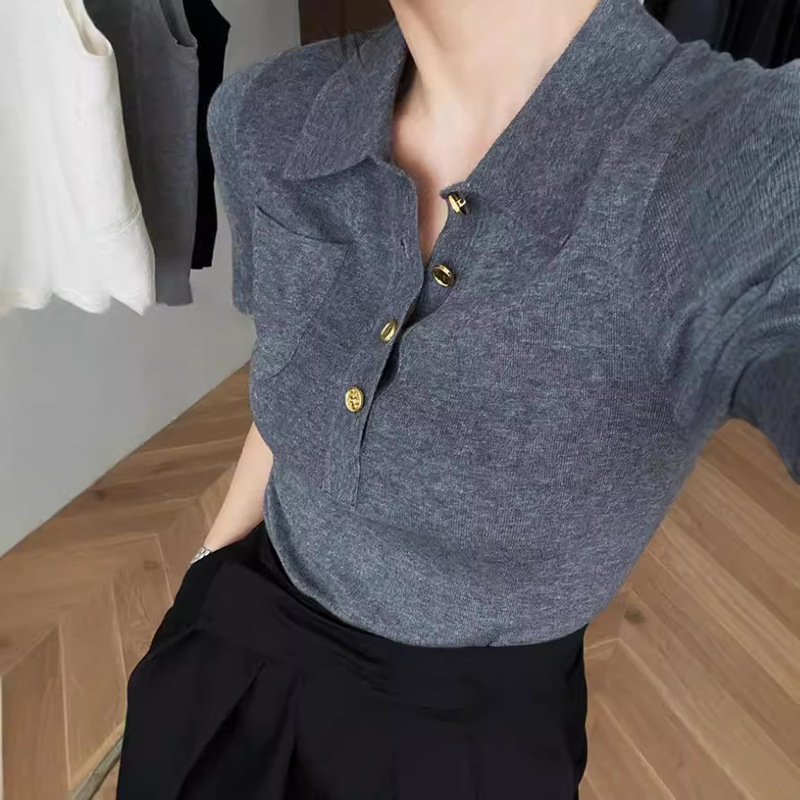 French-Style Polo Collar Gray Short-Sleeved Knit Top for Women, Summer Short Ice Silk Regular Shoulder T-Shirt Top, New Summer Style