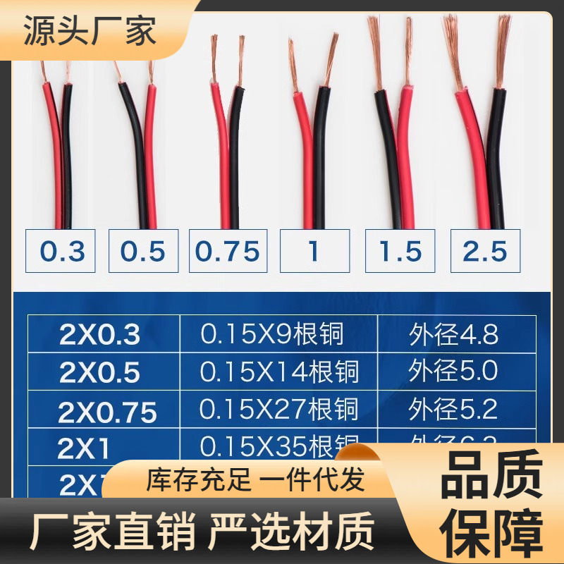 rvb红黑线平行线2芯双色并线无氧铜led灯带电源线0.5 1.0 2.5电线