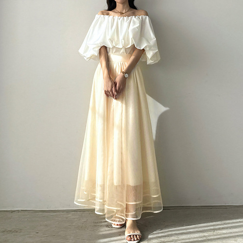 Spring and summer Korean-style slimming skirt: sweet, flowy maxi skirt with a voluminous tulle hem—double-sided, high-density mesh A-line design for women
