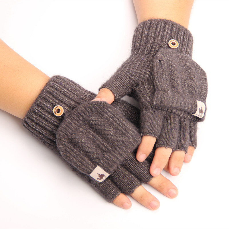 半指翻盖手套男士冬季保暖加厚漏指防寒触屏外面户外针织毛线手套
