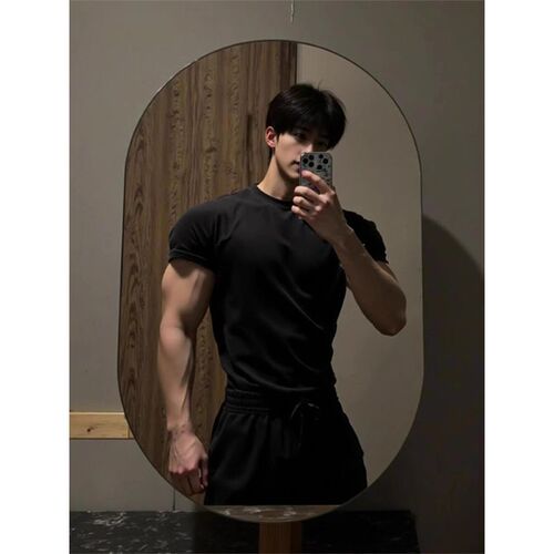 Men's Summer Half-Sleeve Quick-Drying T-Shirt with Ice Silk Elastic Sweat Absorbent Fitness Short Sleeve Breathable Round Neck Color Top