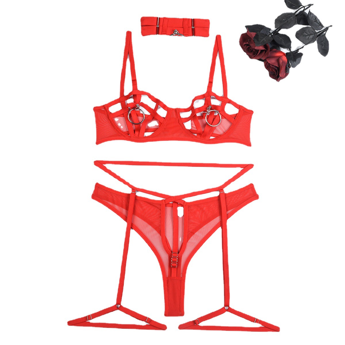 2023 nuevo europeo y americano sexy conjunto de cuatro piezas AliExpress popular anillo de pecho complejo ropa interior hecha a mano con Halter 3289