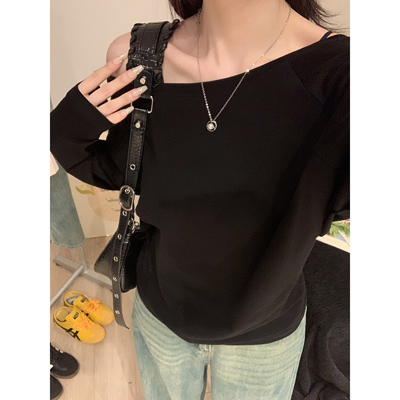 Black Relaxed Angled Shoulder Long-Sleeved T-Shirt for Women Off-Shoulder Early Autumn Lazy Loose Sexy Sexy One-Shoulder Top