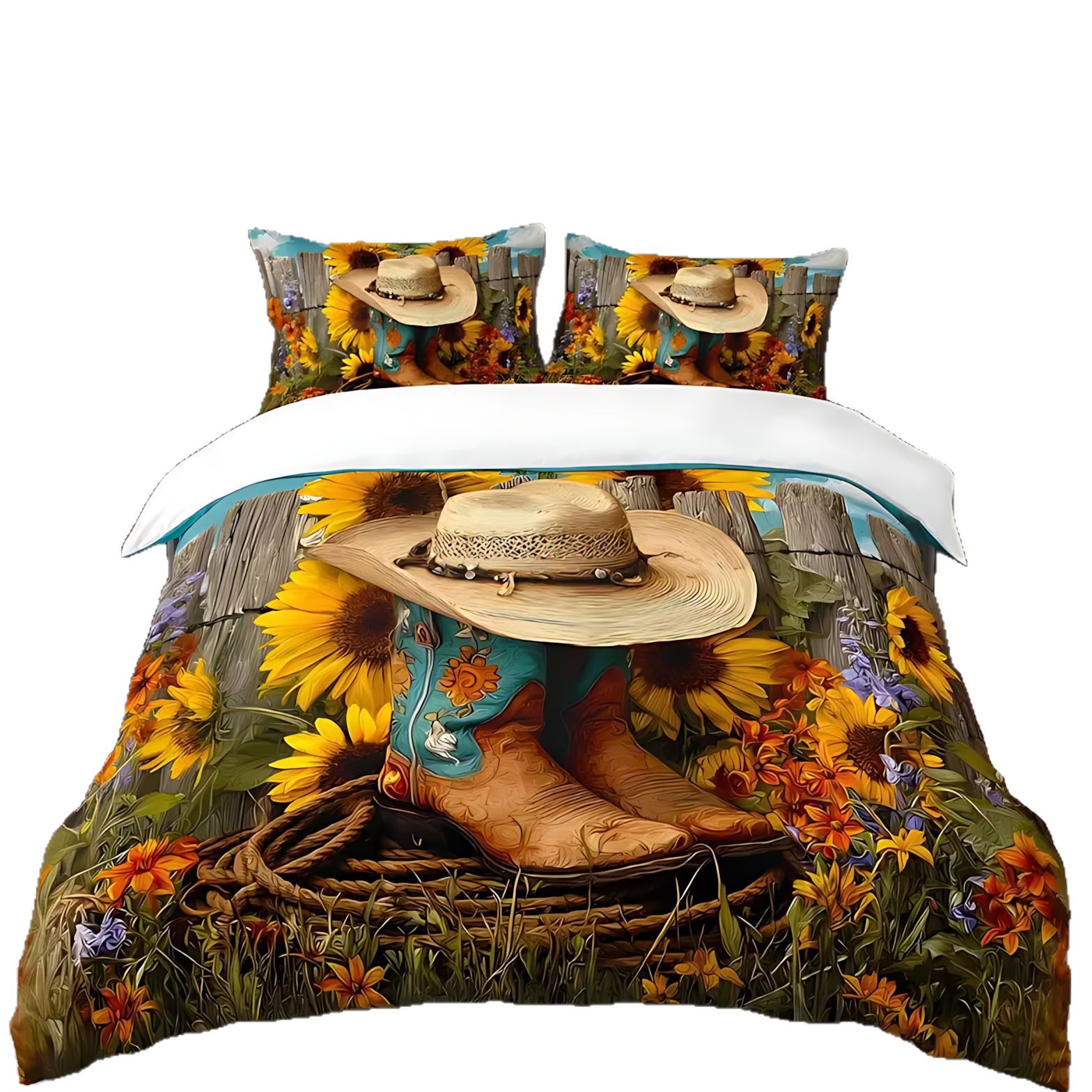 TEMU / JIT nuevo diseño de girasol vaquero transfronterizo impresión digital de alta definición abrasión cómodo conjunto de edredón