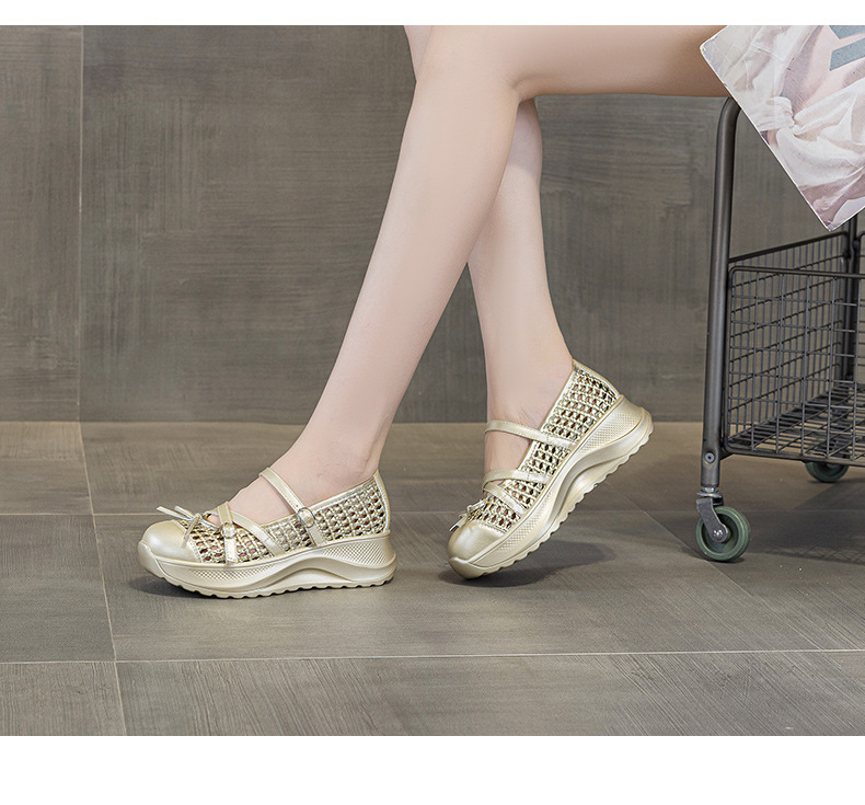 Giày sneaker nữ chunky đế dày dệt kim thoáng khí, phong cách Hàn Quốc, quai chéo, đế dày — Trắng 5097, Vàng 5097, Đen 5097 chi tiết 12