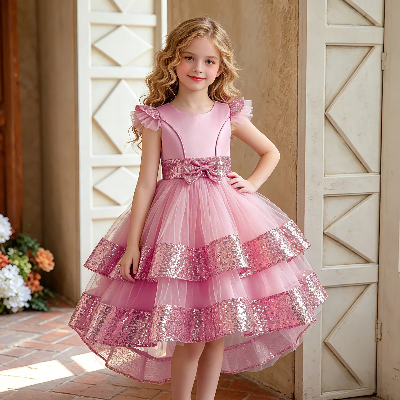 Navidad nuevo niñas princesa vestido de malla pettiskirt pequeño anfitrión flor niña lentejuelas piano rendimiento vestido
