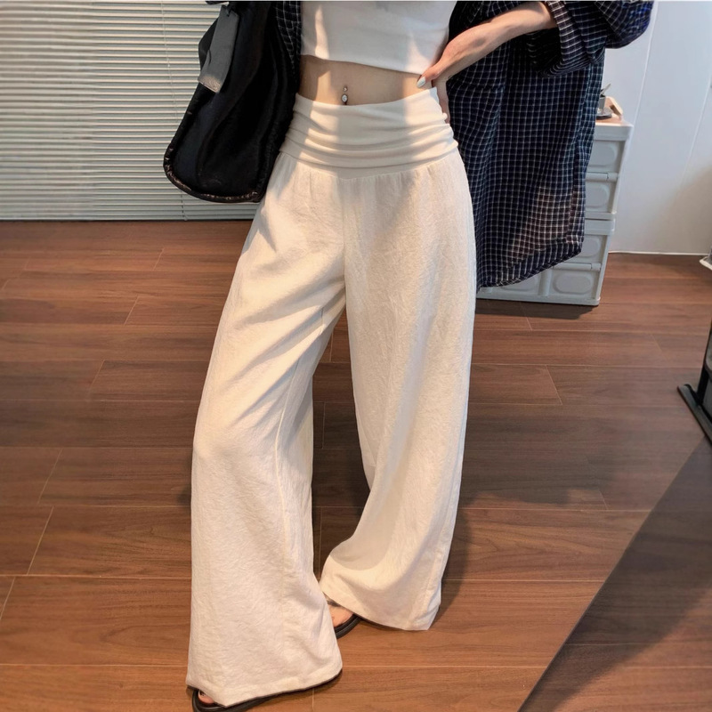 Summer Maternity White Tencel Cotton Wide-Leg Pants, Thin Vacation Style Belly Support Old Money Style Straight Casual Long Pants