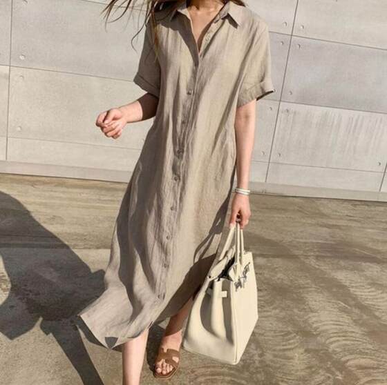 2024 simple loose lace-up waist single-breasted short-sleeve linen shirt dress women's clothing