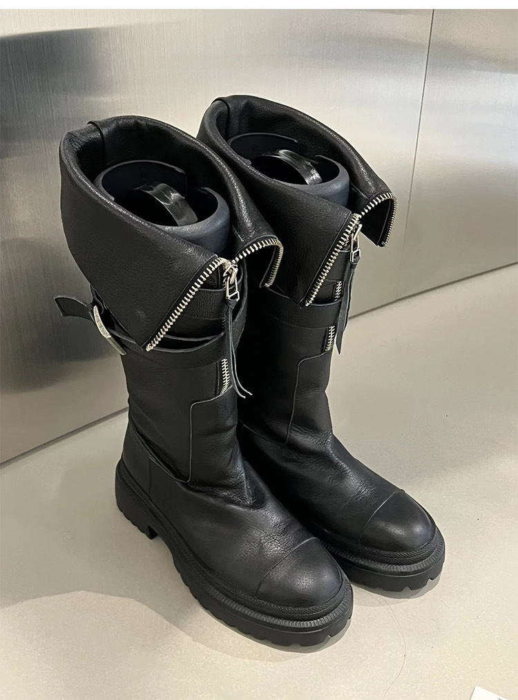 Women's Martin Boots, Made Of Genuine Leather, Knee-high Design, With Belt Buckles, Thick Soles, Suitable For Motorcycle Riding, High-top Style._voghion.com