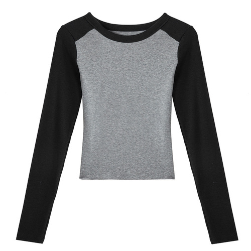 High-quality pure cotton crew-neck contrast-color raglan-sleeve base shirt for women—autumn layered look, slimming long-sleeve T-shirt top