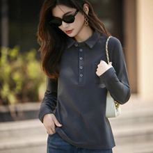 韩版休闲POLO领上衣德绒套头打底衫女百搭翻领宽松超显瘦秋冬衬衫