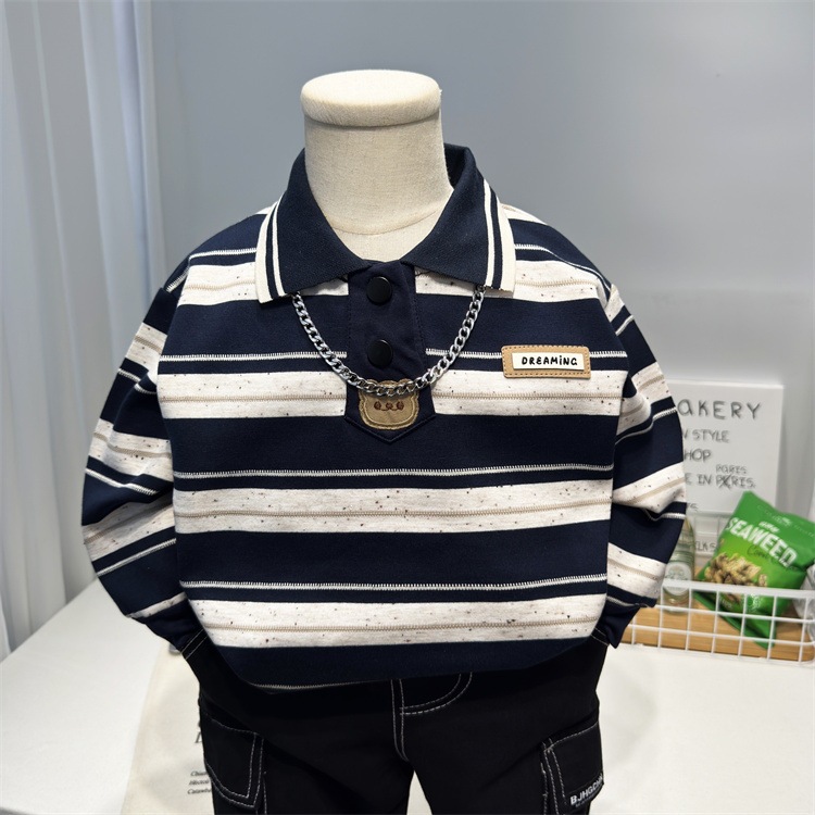 男童秋款条纹POLO衫2026新款宝宝韩系休闲衣服儿童装潮酷小熊卫衣