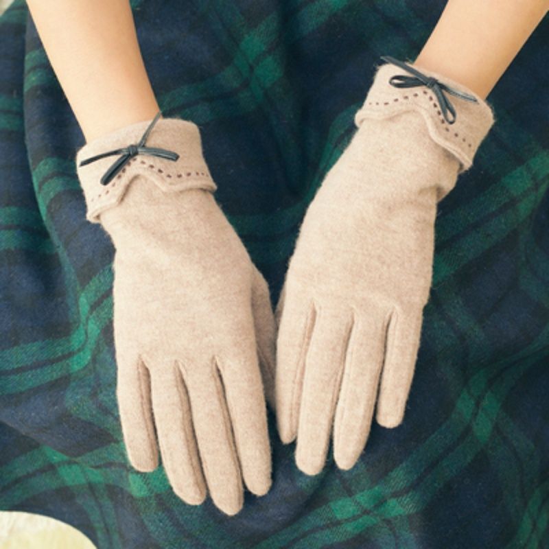 Women's Autumn and Winter Woolen Gloves with Bow, Warm Double-Layer Fleece-Lined Thickened Cycling Outdoor Cold-Proof Touchscreen Gloves for Adults