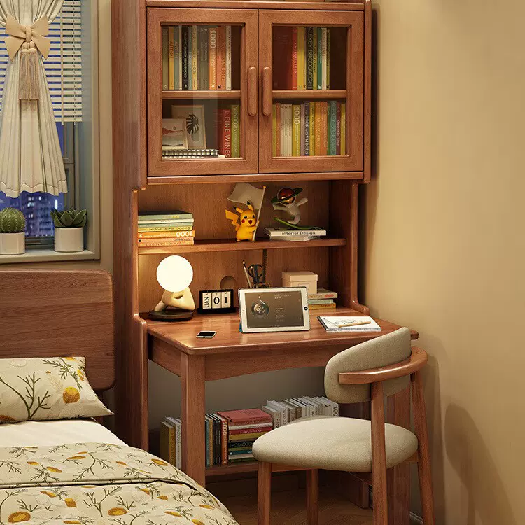 实木折叠书桌书架书柜组合桌家用电脑桌卧室床边伸缩学习桌
