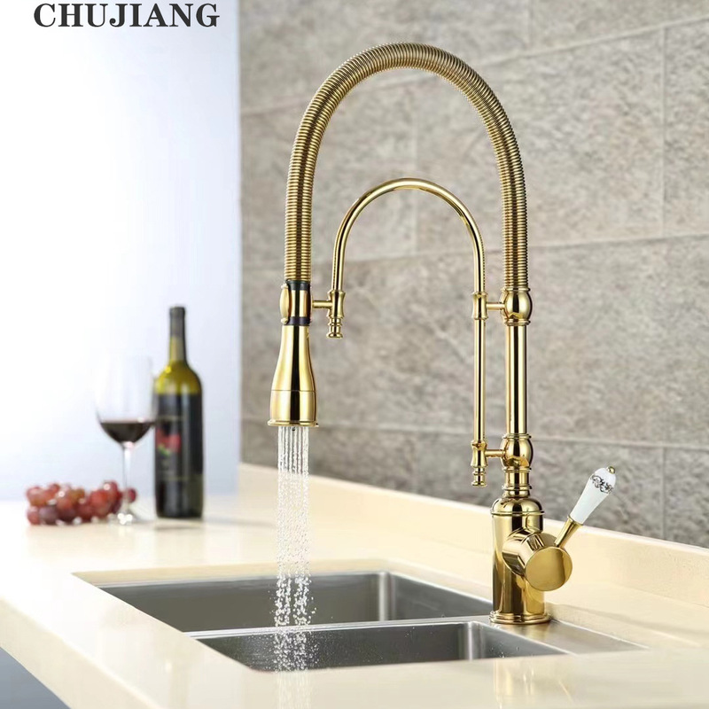 Kitchen Faucet European-style Titanium Gold Sink Cold and Hot Spring Shower Double Outlet Copper Vegetable Washing Basin Rotating Faucet