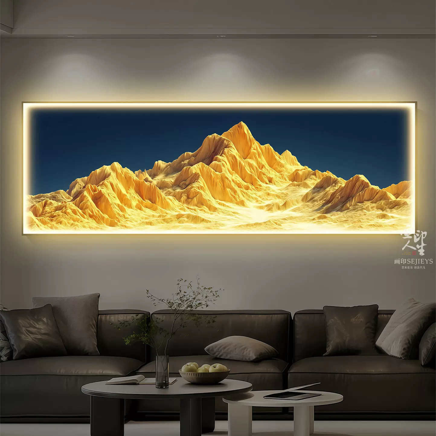 现代简约日照金山装饰画客厅沙发背景墙LED灯带立体挂画