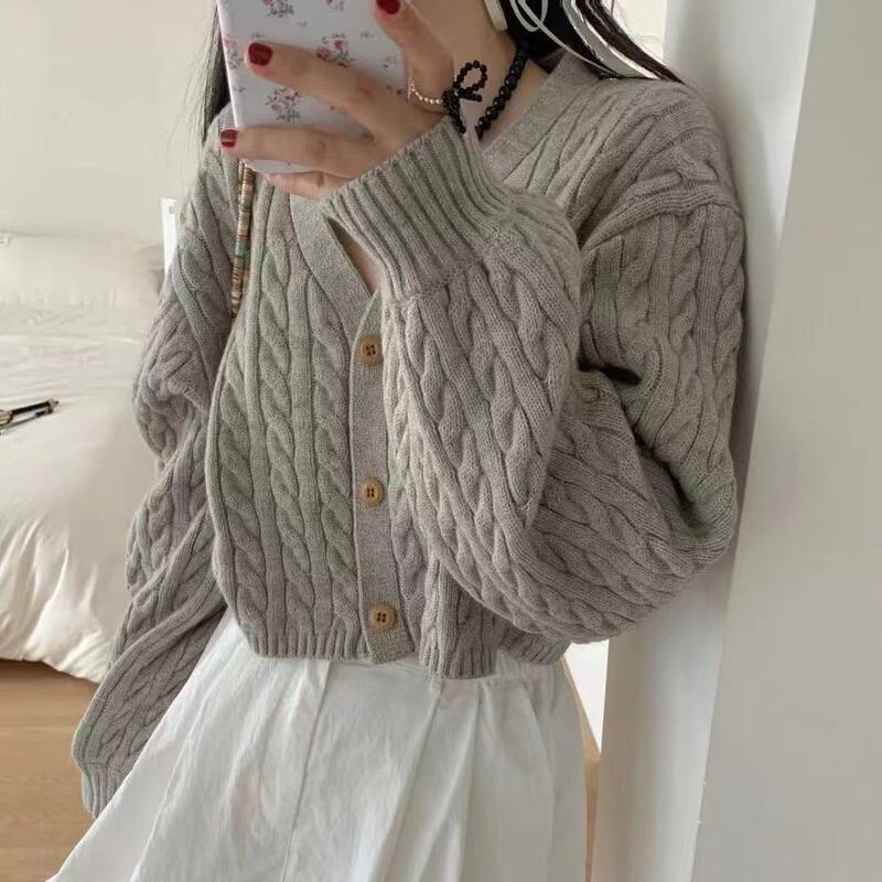 South Korea's Dongdaemun Lantern Sleeve V-Neck Twist Sweater Jacket Short Outer Wear Women's Loose High-Waisted Knitted Cardigan South Korea's Dongdaemun Lantern Sleeve V-Neck Twist Sweater Jacket Short Outer Wear Women's Loose High-Waisted Knitted Cardigan