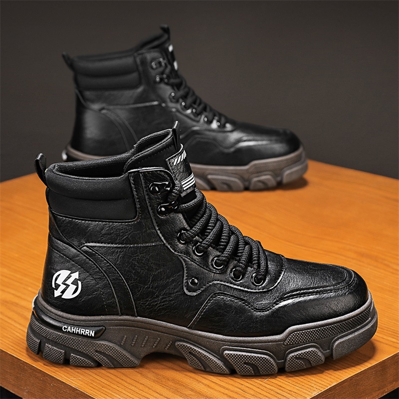 Botas de cuero para hombre de otoño e invierno moda nuevo estilo punta redonda aumento de cordones deportes al aire libre locomotora ruibarbo botas Martin botas para hombre