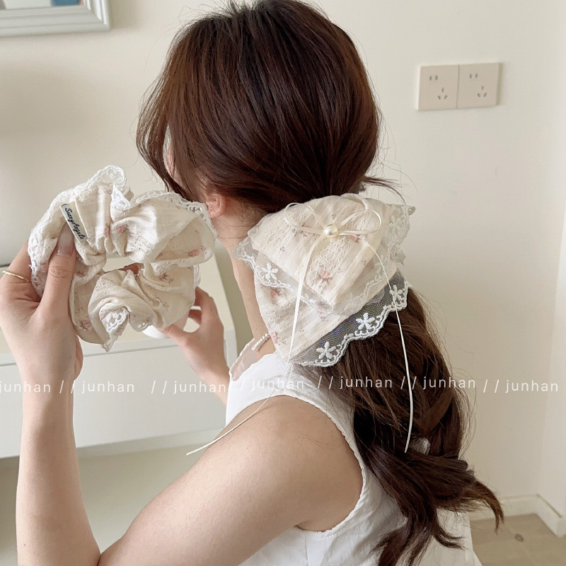 handmade floral lace bow large intestine hair ring women‘s large pearl idle style low hair accessory for ponytail hairware