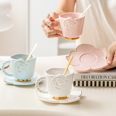 Camellia ceramic cup and saucer high-end exquisite embossed coffee cup and saucer set home milk cup office drinking cup