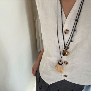 Handmade Raffia Broom Long Black Rope Necklace Simple Wear Tassel Accessories Braided Rope Natural Stone Heart Necklace
