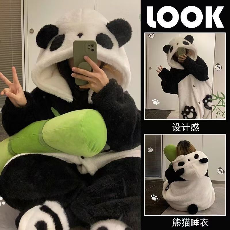 可爱卡通熊猫冬季睡袍女睡衣珊瑚绒2024年新款少女保暖家居服套装