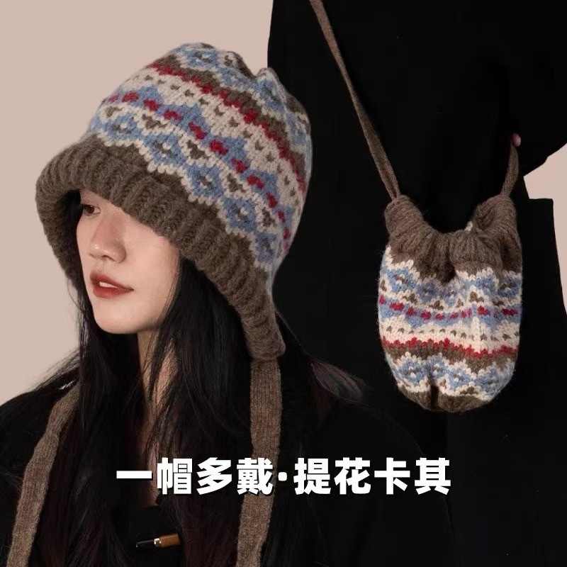 バッグと帽子のセット、女性用ヘップバーン風、ゆったりとした紐付きパイル帽子、甘い2025秋冬新作、暖かくて万能なウール帽子|undefined