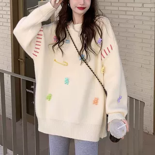 高级感小熊刺绣别致套头针织衫女秋冬季宽松慵懒风软糯外穿毛衣潮