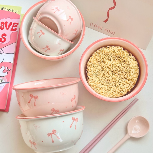 蝶結び【6インチ麺碗】どんぶりの少女の心の高い顔の値のカップラーメン碗ins釉薬の下の陶磁器碗|undefined