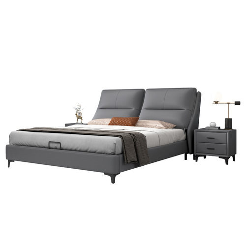 Leather bed Italian minimalist solid wood double bed 1.8m master bed, modern simple soft package wedding bed