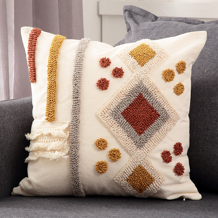 Moroccan style color velvet embroidery pillow case tufted tassel cushion case model room waist pillowcase spot supply_voghion.com