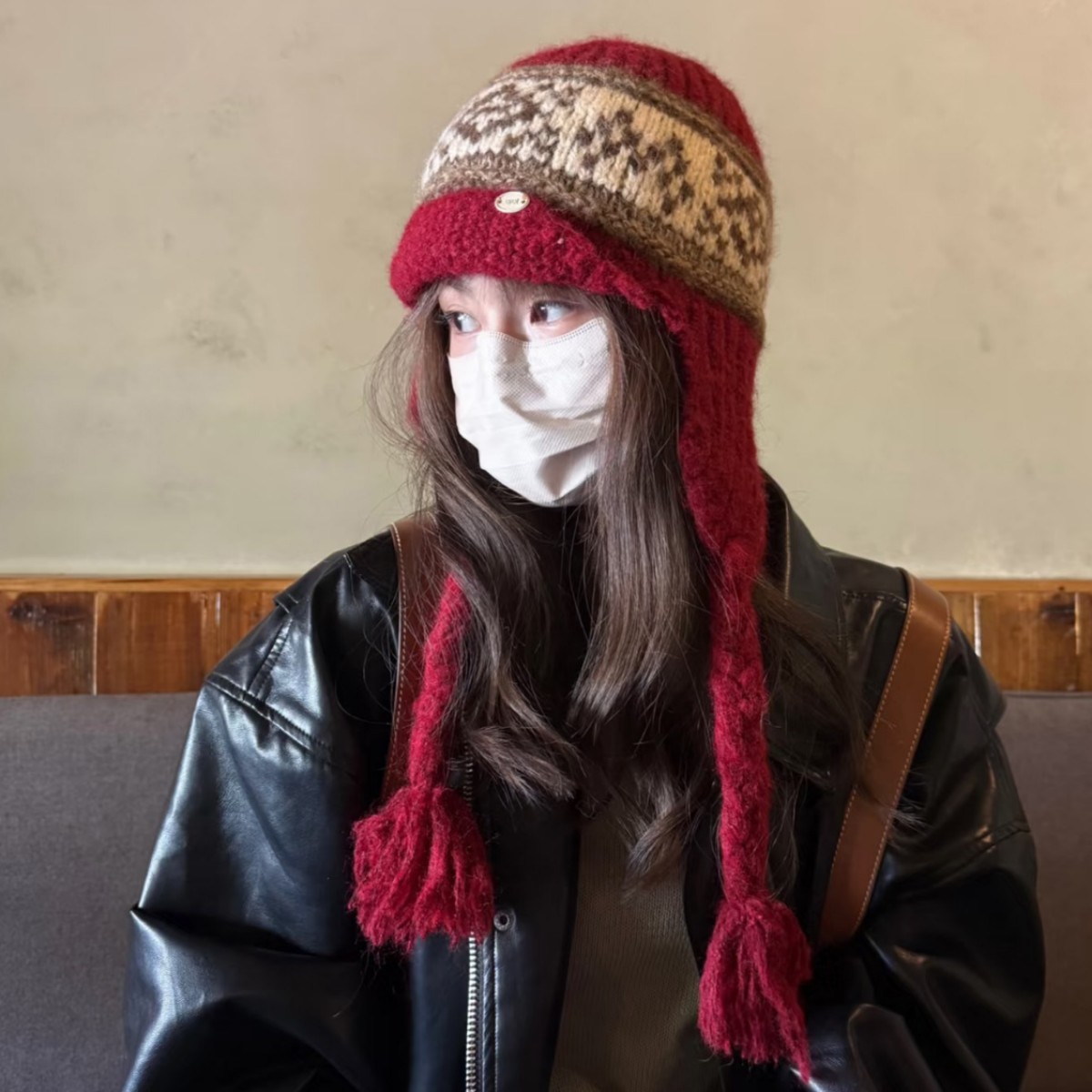 フェア島風毛糸帽子女子秋冬レトロ百合大頭囲保温ニット帽子顔小耳保護帽子