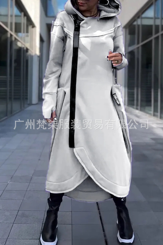 2025秋冬欧美跨境亚马逊百搭纯色长袖卫衣连帽拉链休闲长款连衣裙|undefined