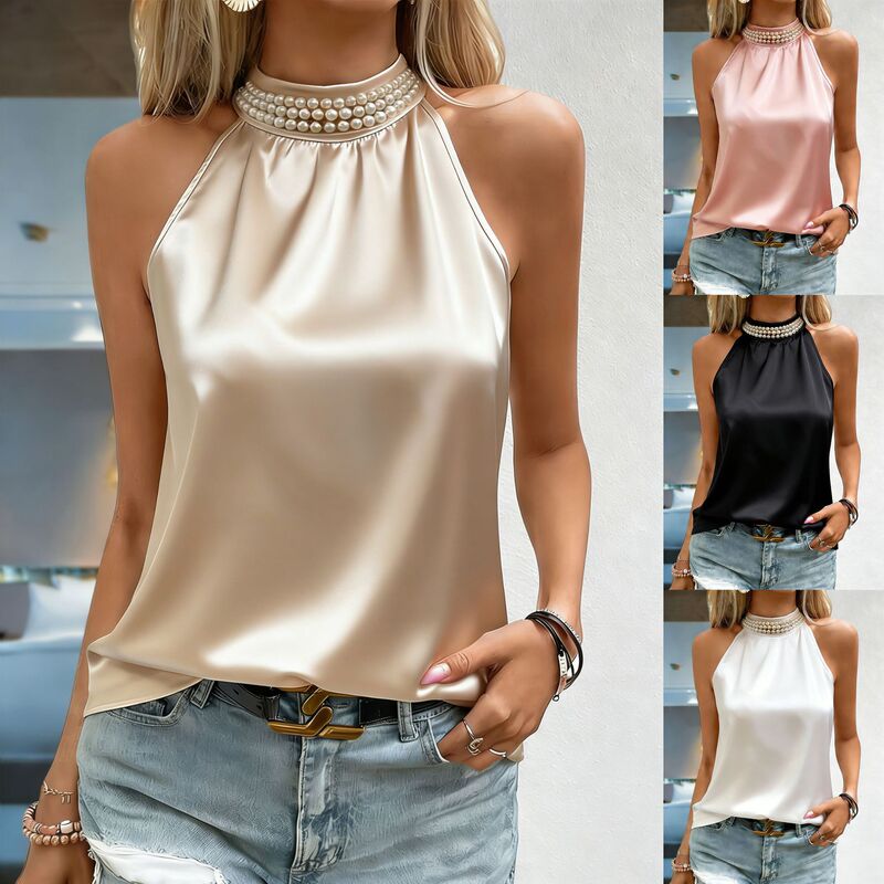 2026 Amazon European and American Ebay New Style Pearl Halter Satin Camisole Sleeveless Off-Shoulder Elegant Top