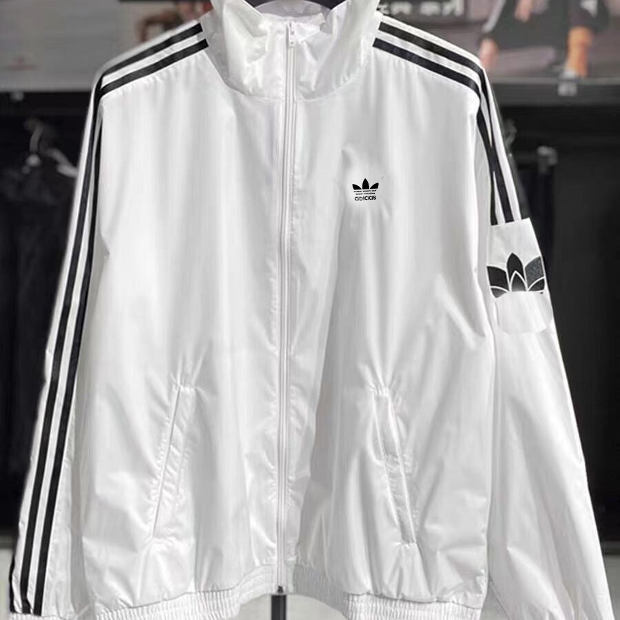 Clover Embroidery Windbreaker Unisex Summer Thin Jacket Stand Collar Loose Cardigan with Three Stripes