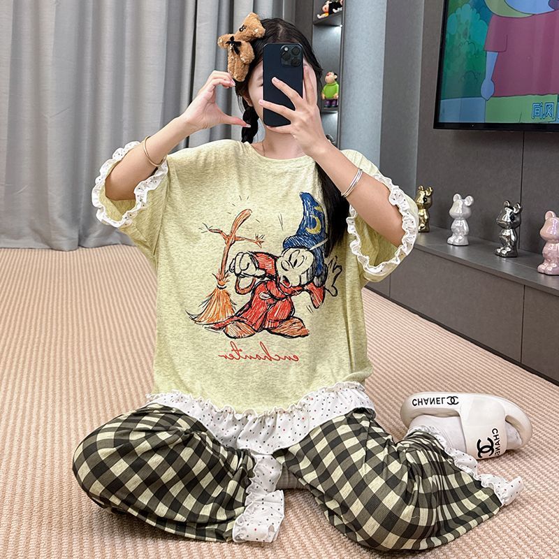 2025 新しい夏のモーダルパジャマ女性の半袖ズボンスーツ漫画ルーズ夏は家の服の外で着用できます|undefined