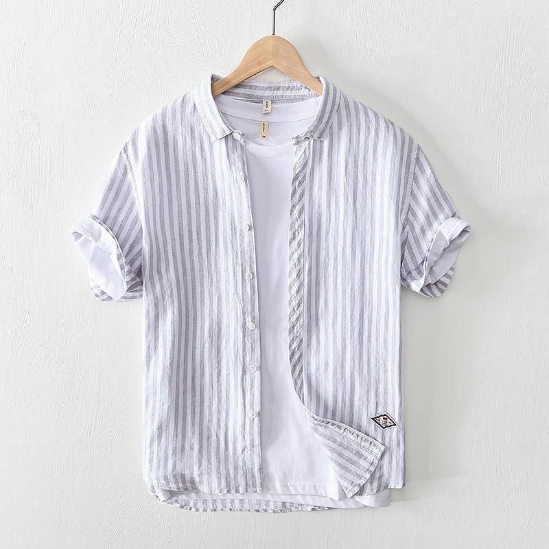 P554 Casual Striped Short Sleeve Linen Shirt Jacket for Men (Subject to Stock, Please Contact Customer Service to Place an Order)