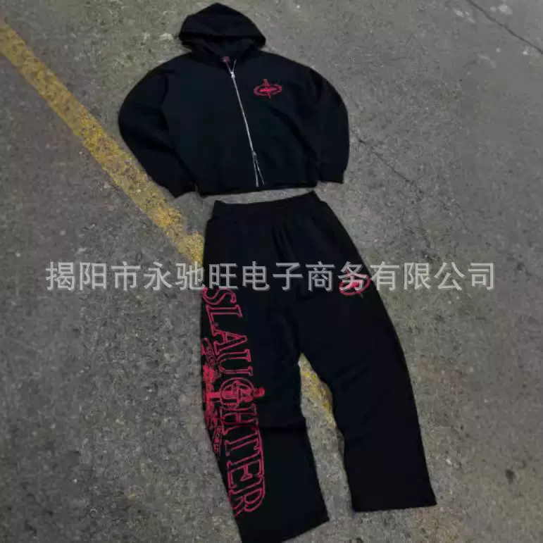 新款美式潮牌恶魔岛新款拉链连帽衫宽松高街套装字母印花卫衣裤男