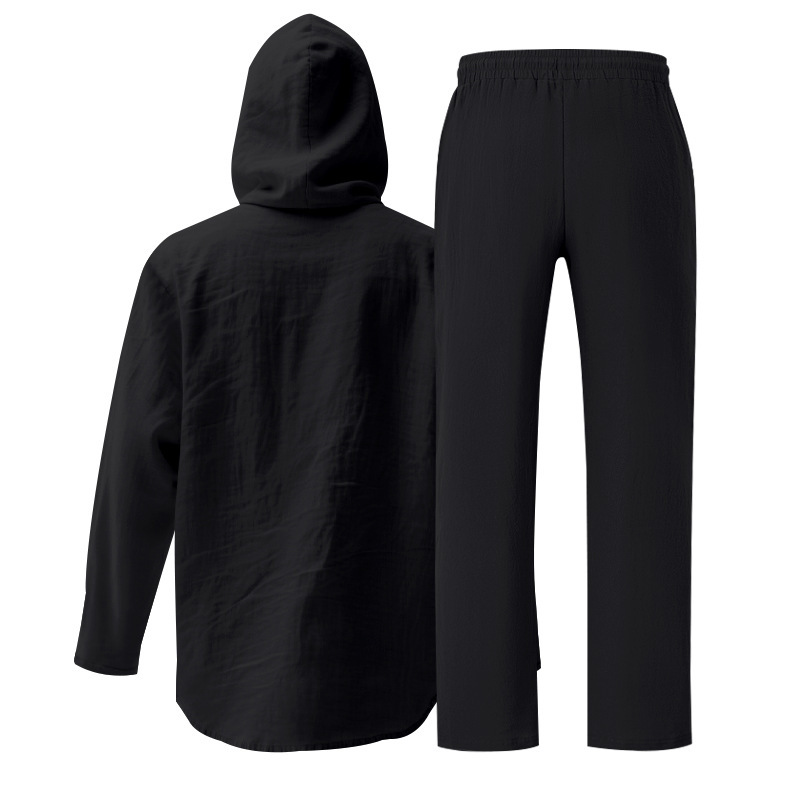 Men's Casual Breathable Linen Hooded Long Sleeve Shirt Cardigan Spring Summer Style Loose Fit Set_viptrois.com